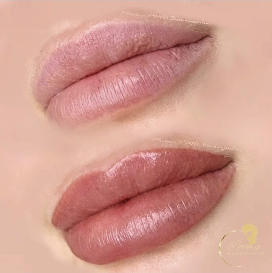 Lipblush: Boven voor, onder na de behandeling.